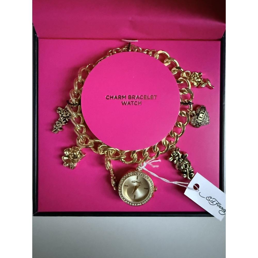 NWT Ed Hardy Gold Tone Charm Bracelet Round‎ Watch Tattoo Charms